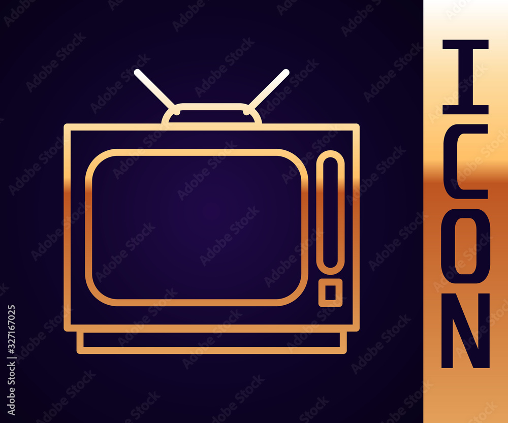 Gold line Retro tv icon isolated on black background. Television sign. Vector Illustration