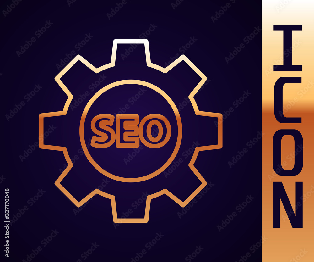 Gold line Seo tag with gear wheel icon isolated on black background. Vector Illustration