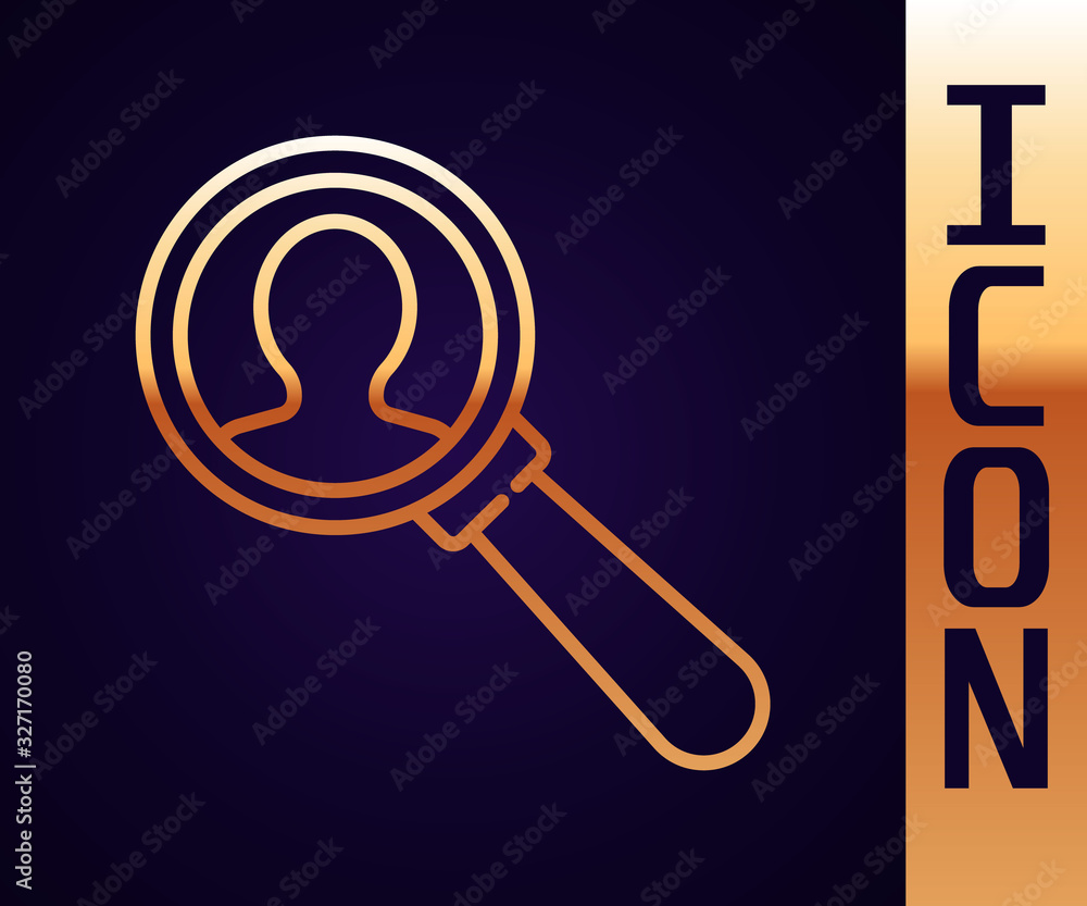 Gold line Magnifying glass for search a people icon isolated on black background. Recruitment or sel