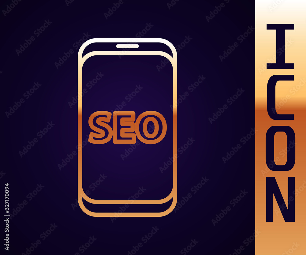 Gold line Mobile phone SEO optimization concept icon isolated on black background. Vector Illustrati