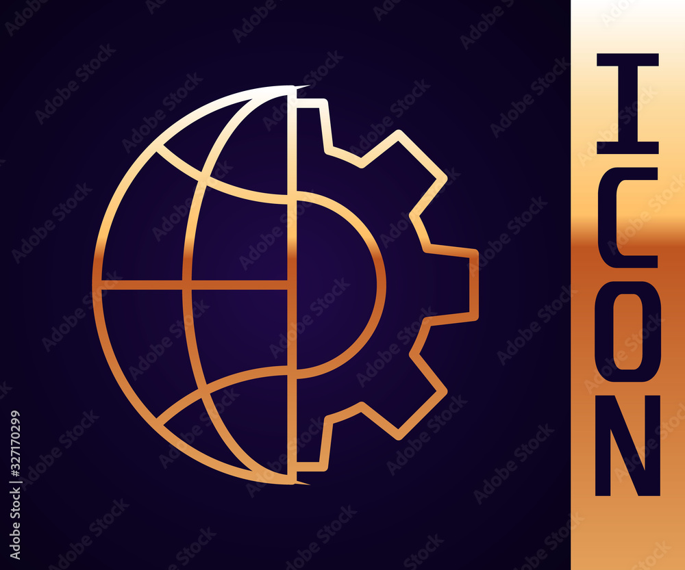 Gold line Globe of the Earth and gear or cog icon isolated on black background. Setting parameters. 