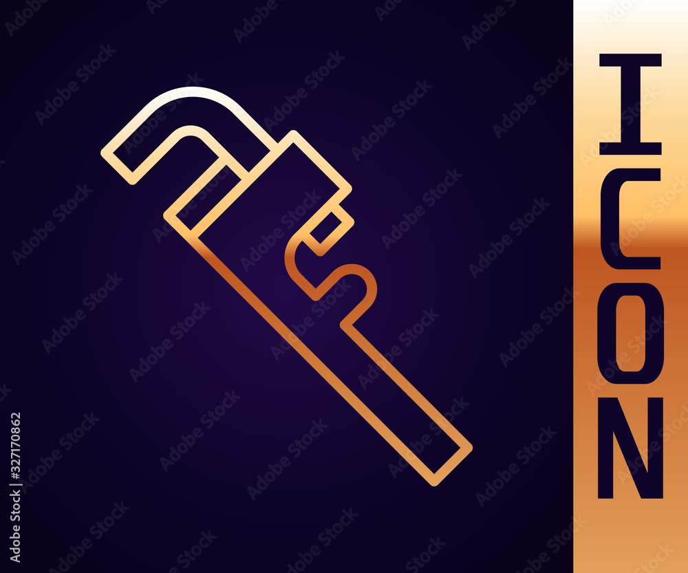 Gold line Pipe adjustable wrench icon isolated on black background. Vector Illustration