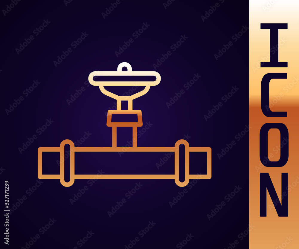 Gold line Industry metallic pipe and valve icon isolated on black background. Vector Illustration