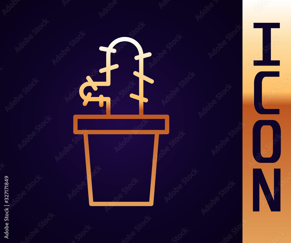 Gold line Cactus peyote in pot icon isolated on black background. Plant growing in a pot. Potted pla