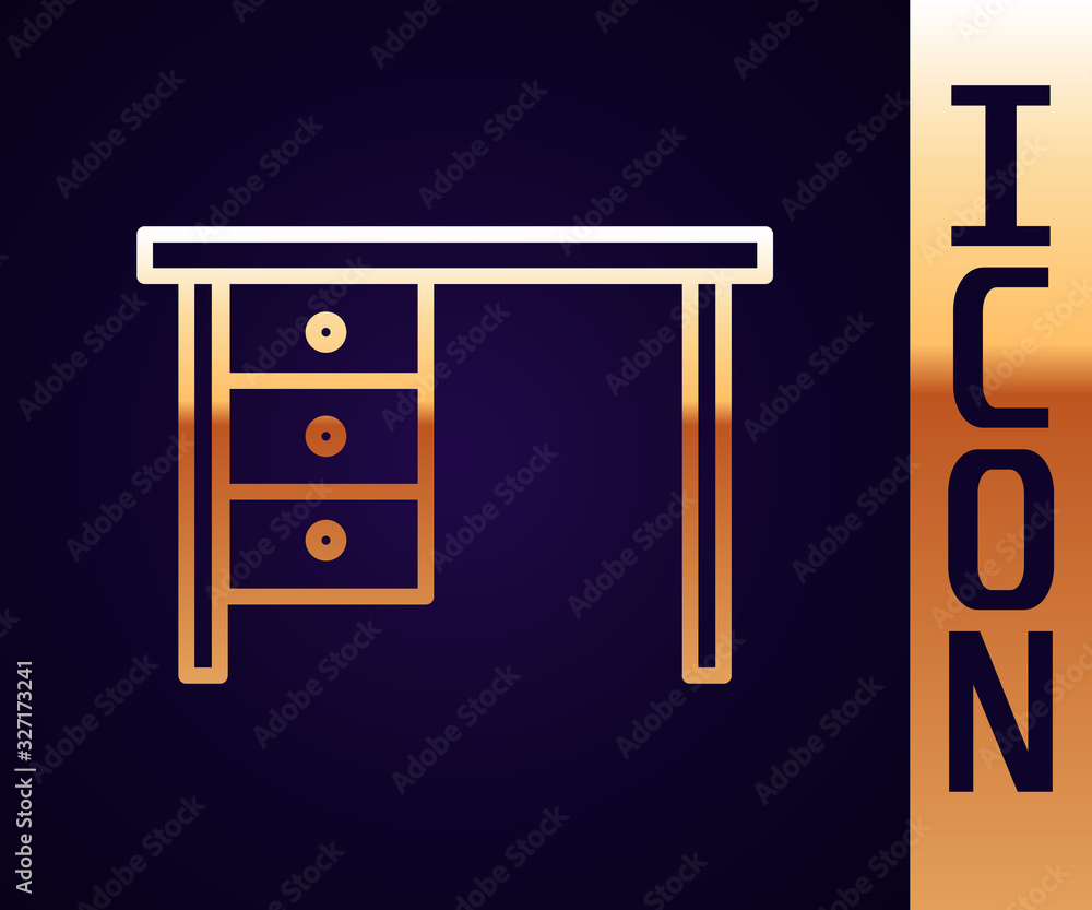 Gold line Office desk icon isolated on black background. Vector Illustration