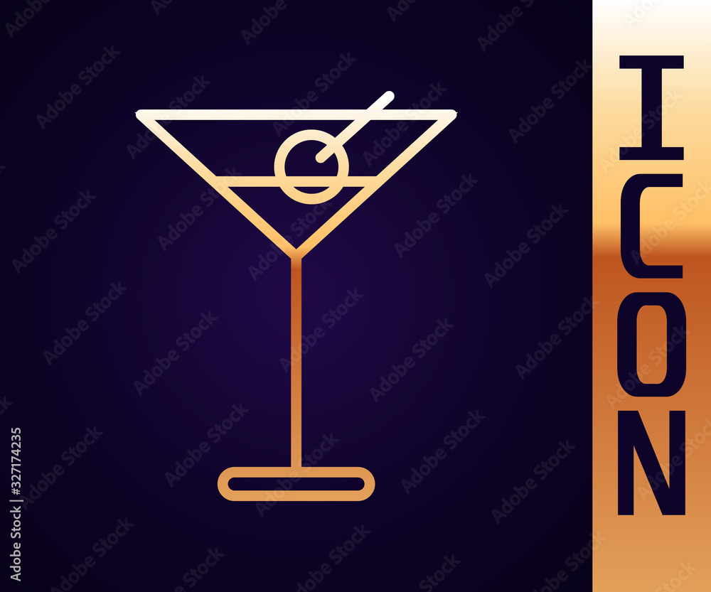 Gold line Martini glass icon isolated on black background. Cocktail icon. Wine glass icon. Vector Il