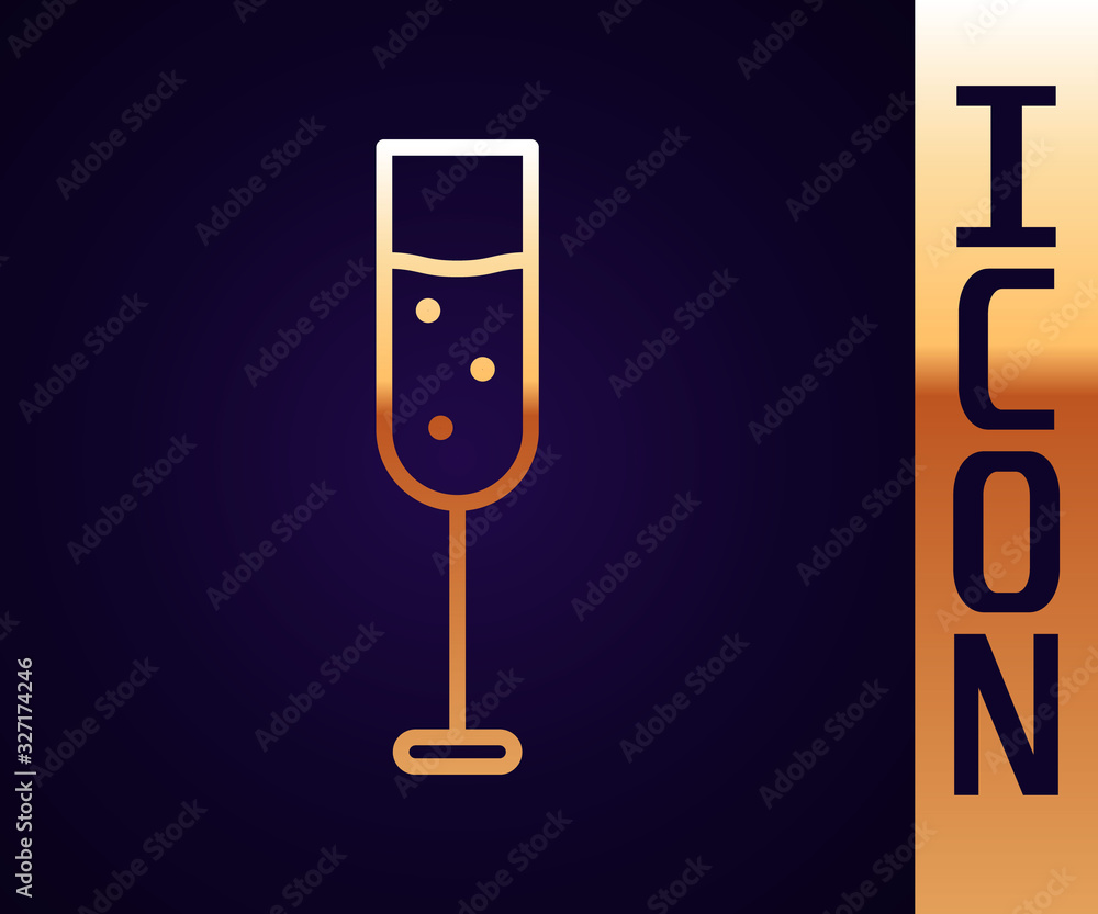 Gold line Glass of champagne icon isolated on black background. Vector Illustration