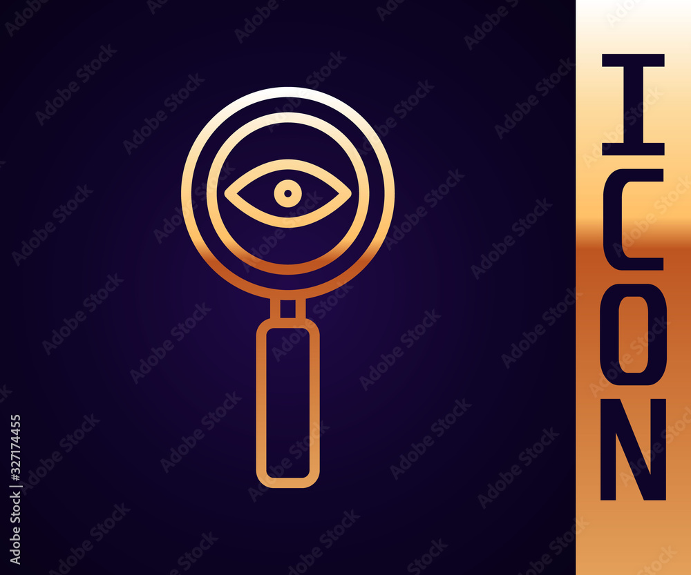 Gold line Magnifying glass icon isolated on black background. Search, focus, zoom, business symbol. 