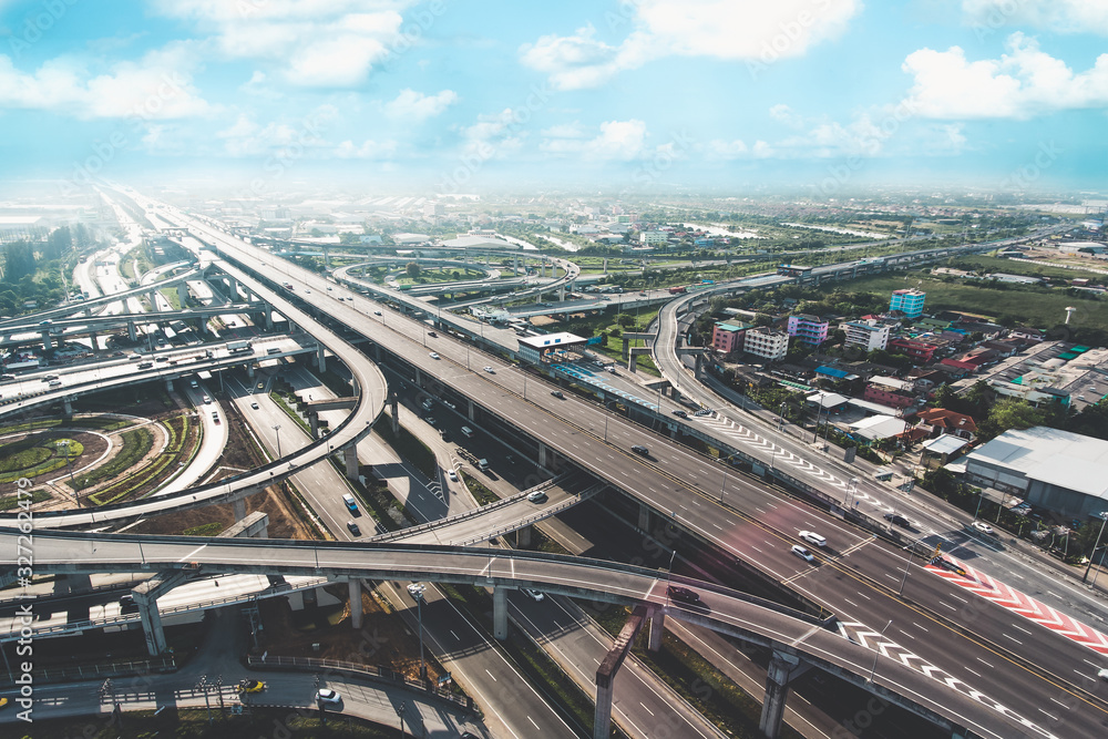 Highway road junction from aerial view. Transportation and infrastructure concept.