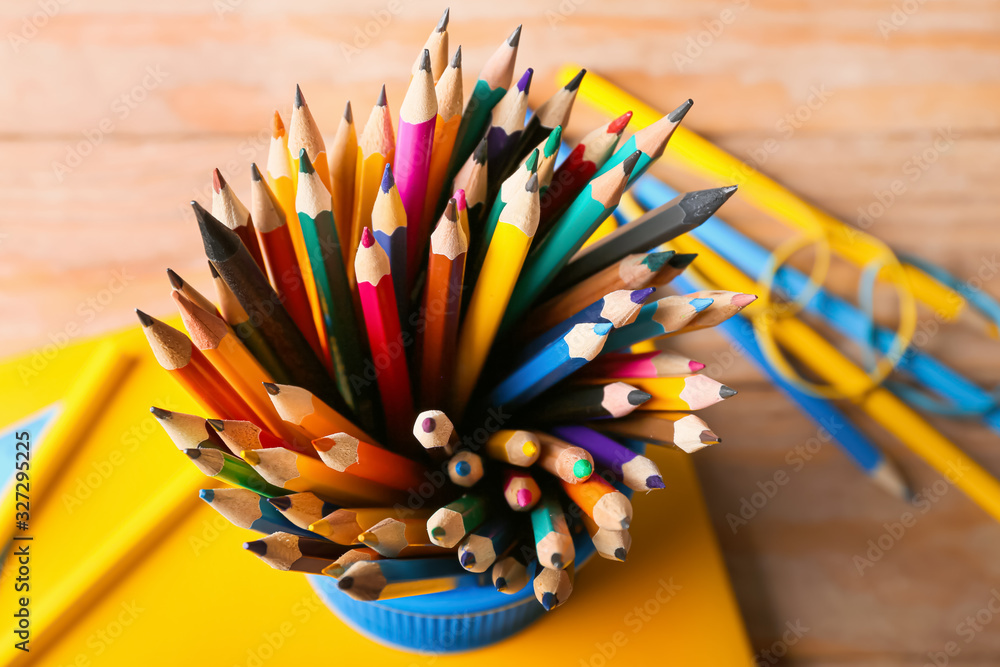 Set of school stationery on wooden table