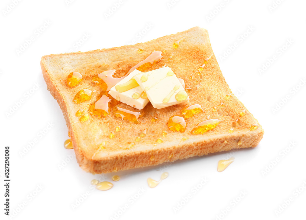 Tasty toasted bread with honey and butter on white background