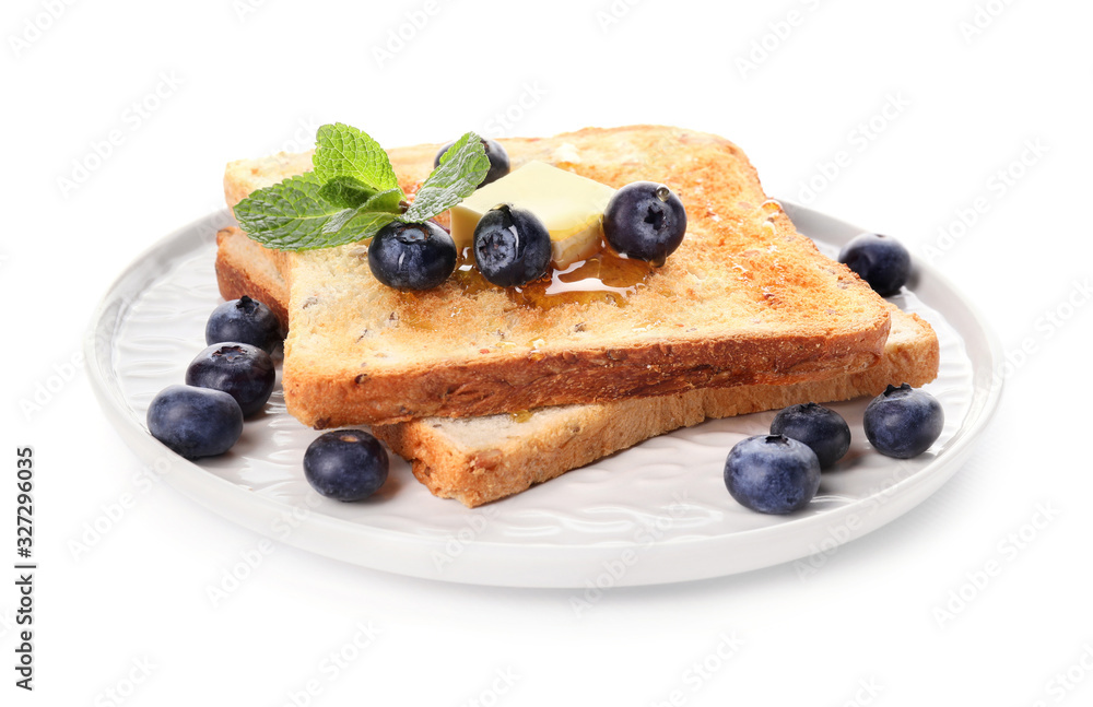 Tasty toasted bread with honey, butter and berries on white background