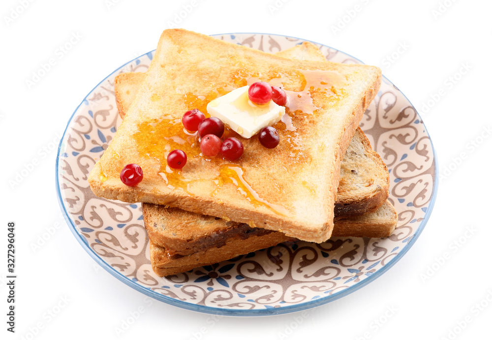 Tasty toasted bread with honey, butter and berries on white background