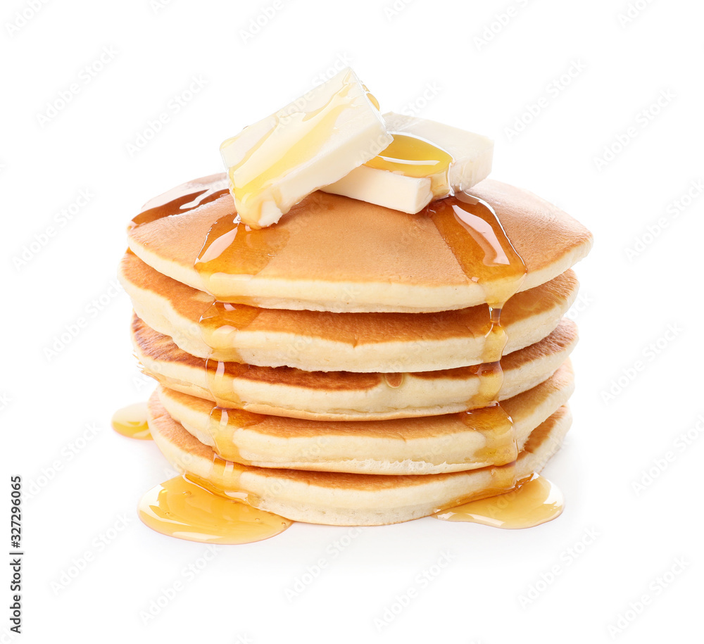 Tasty pancakes with honey and butter on white background