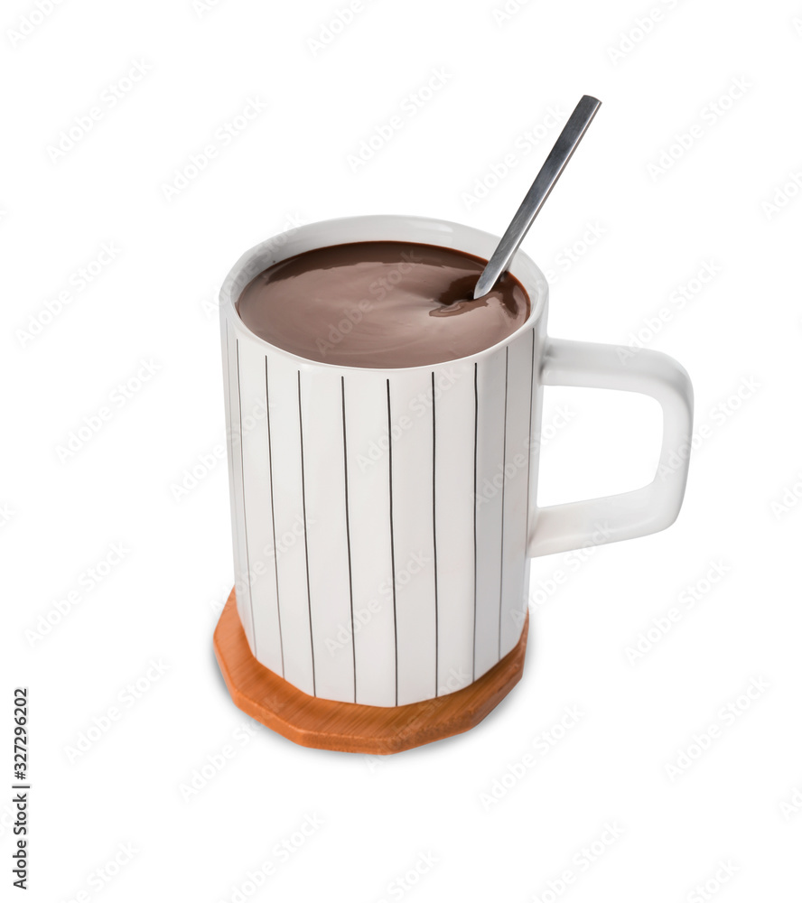 Cup of hot chocolate on white background