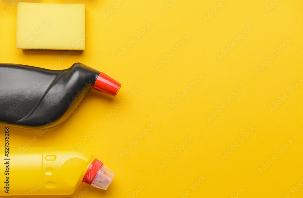 Set of cleaning supplies on color background