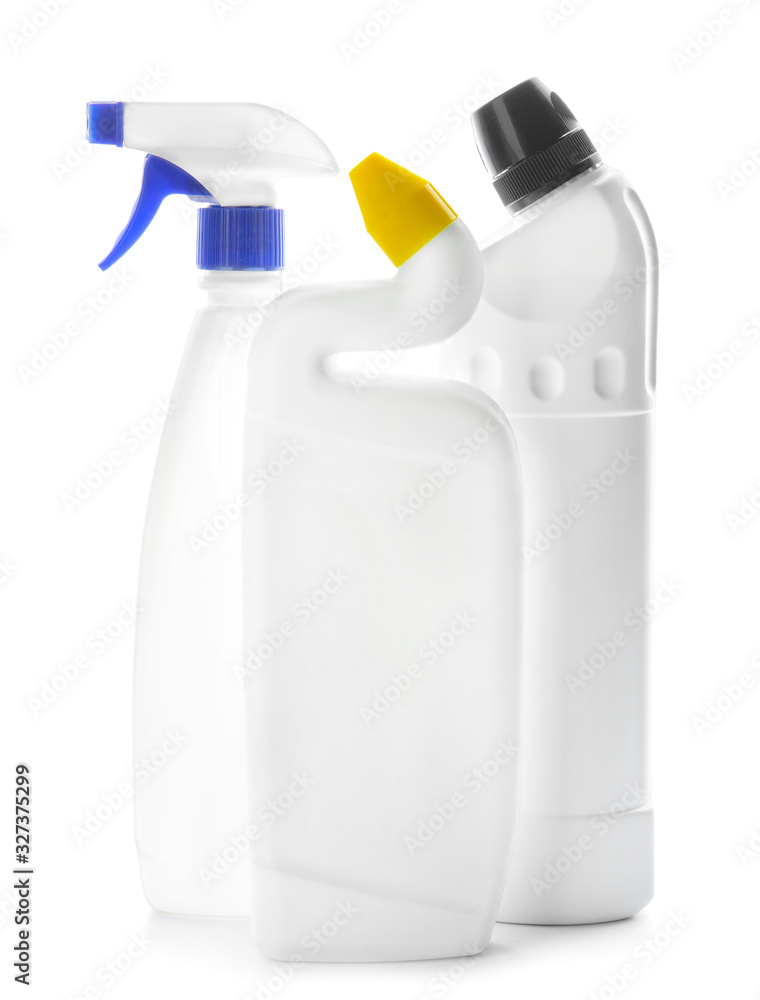 Bottles of detergents on white background