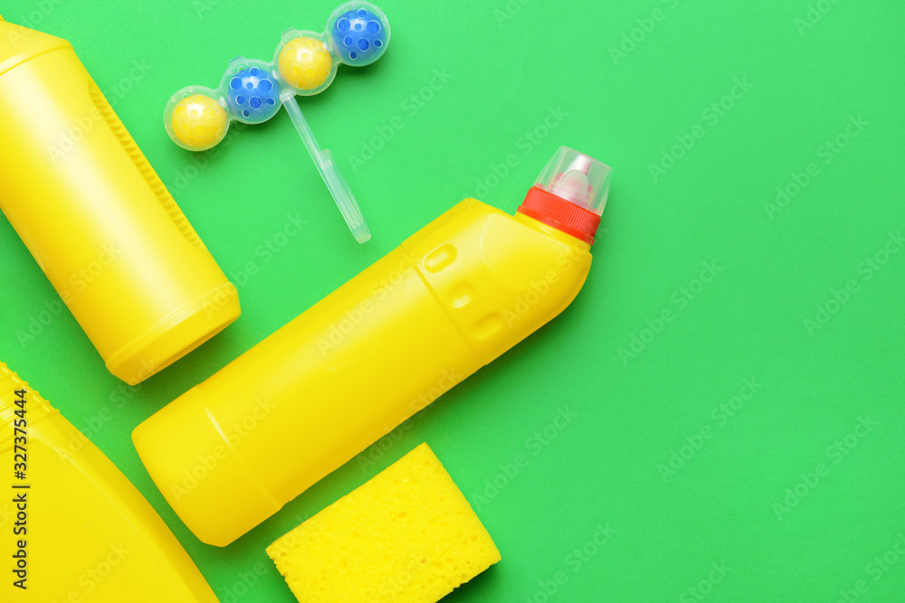 Set of cleaning supplies on color background