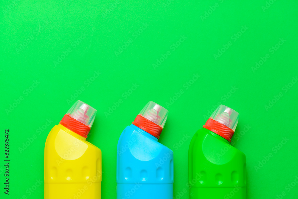 Set of cleaning supplies on color background