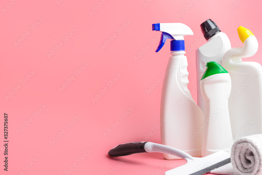 Set of cleaning supplies on color background