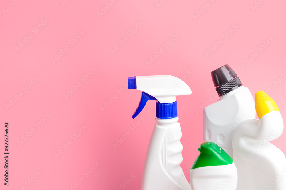 Set of cleaning supplies on color background