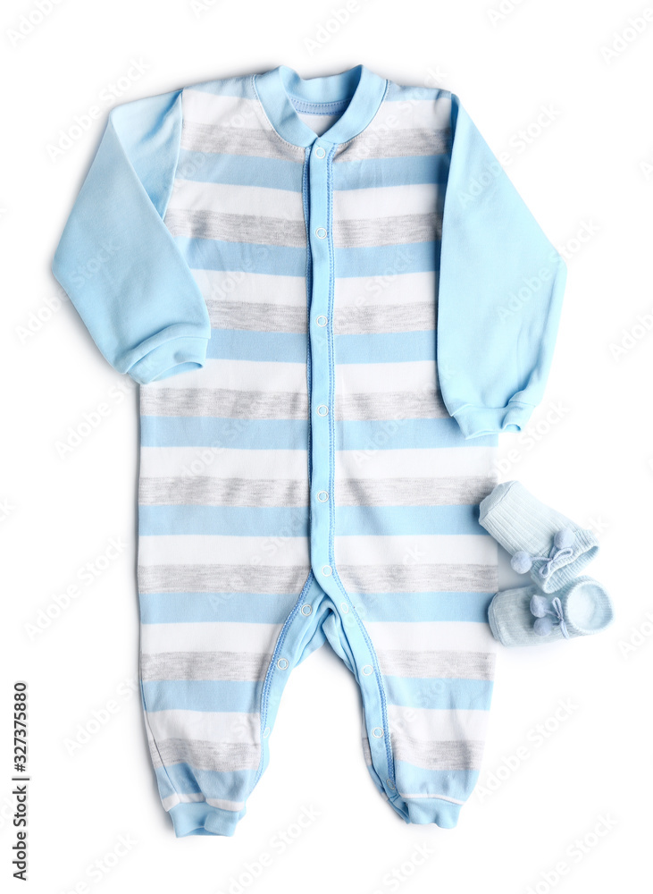 Baby clothes with socks on white background