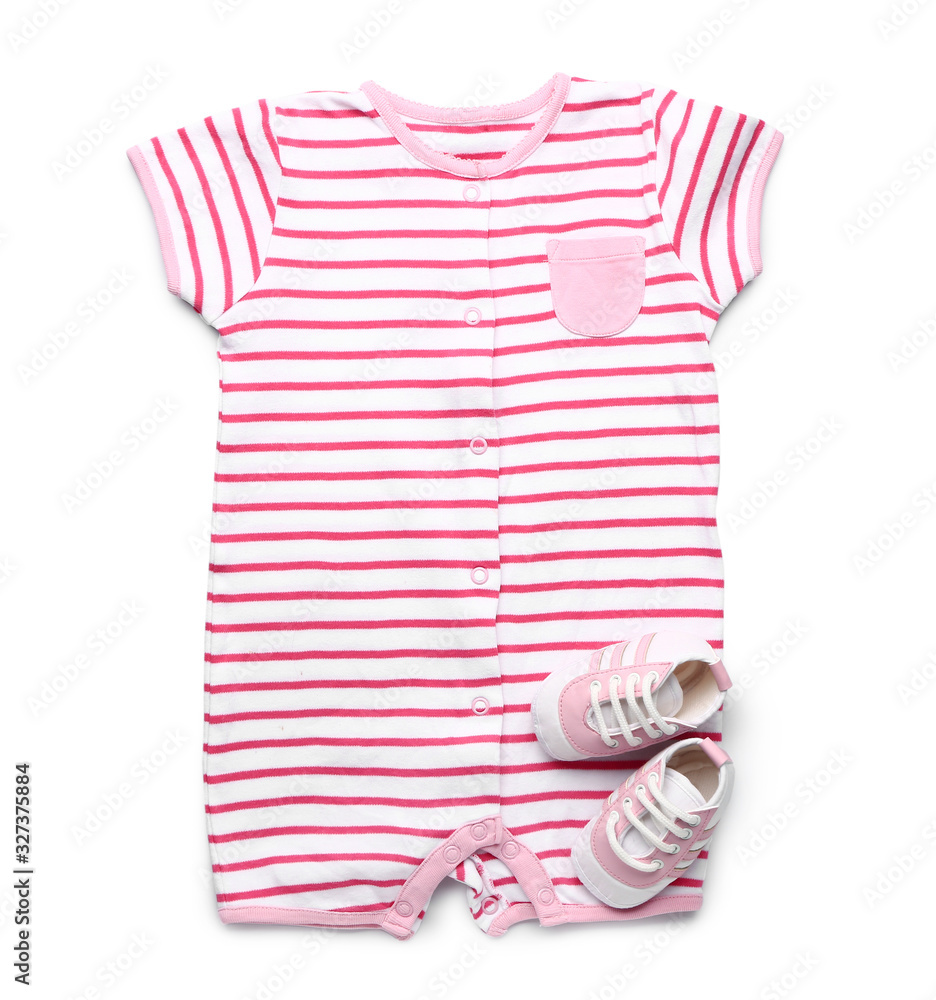 Baby clothes with booties on white background