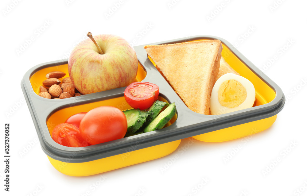 School lunch box with tasty food on white background