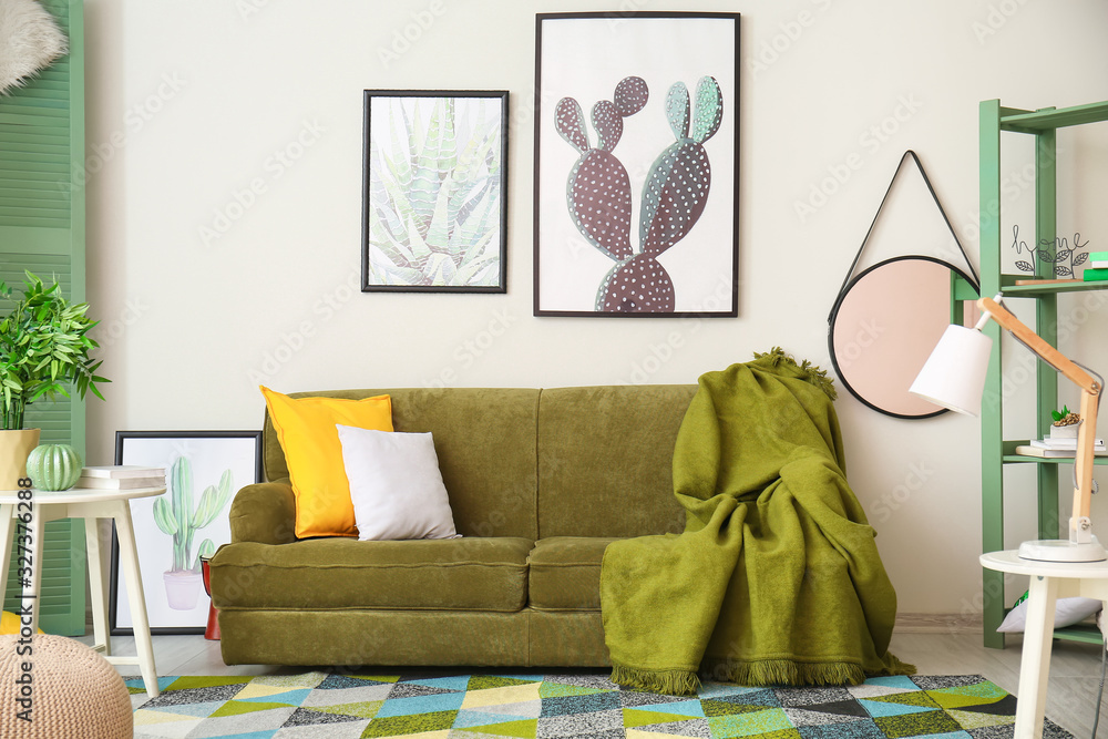 Interior of living room with comfortable sofa