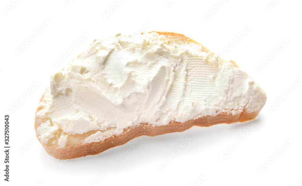 Fresh bread with tasty cream cheese on white background