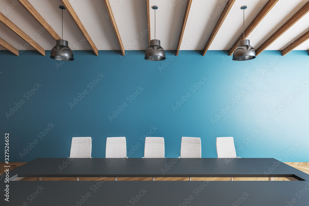 Luxury meeting room interior with copy space on blue wall