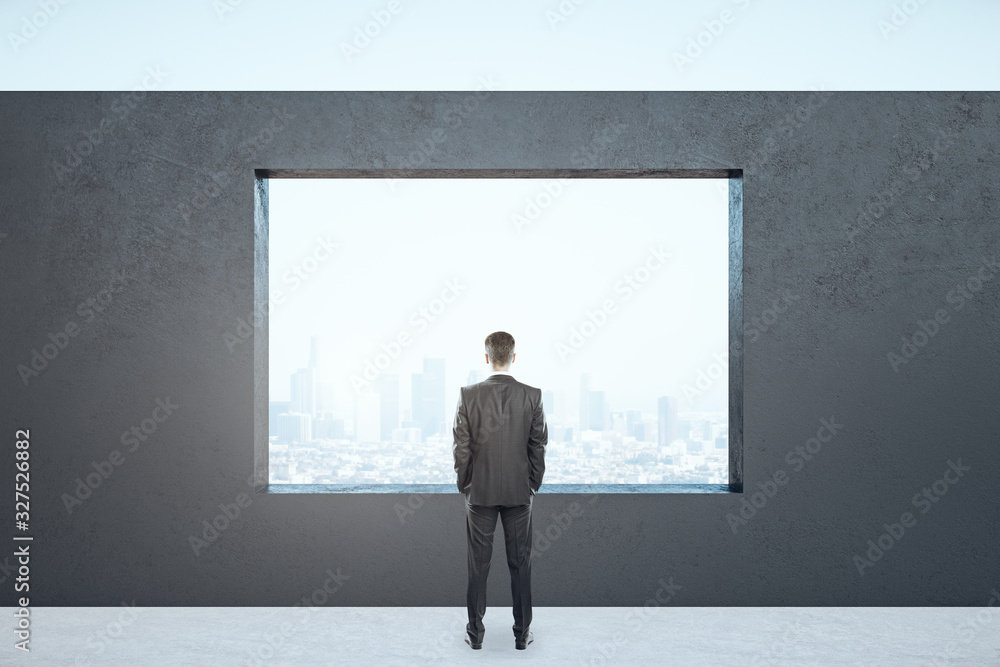 Businessman standing in empty interior with megapolis city view