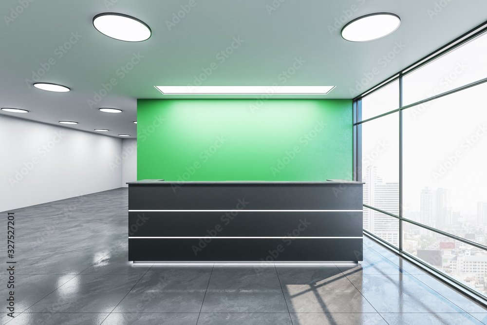 Modern office lobby interior with reception desk