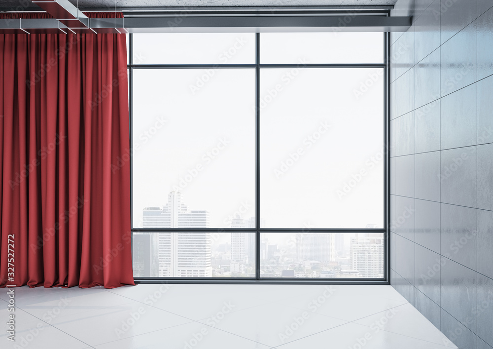 Modern light empty room with red curtain