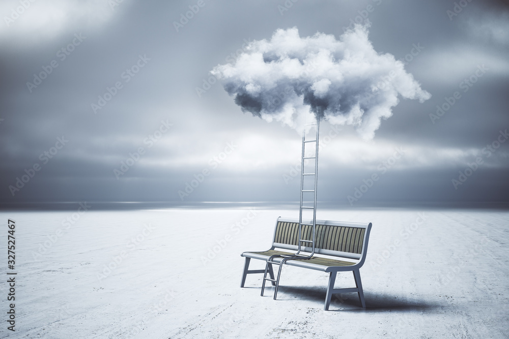 Ladder on chair in desert going high in sky