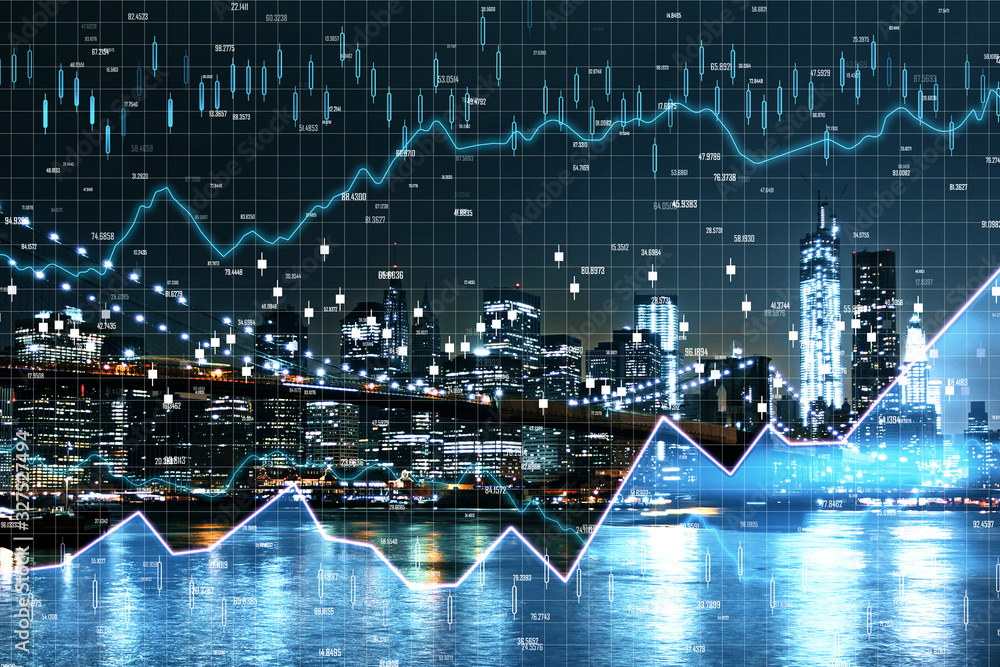 Stock charts hologram on modern city background.