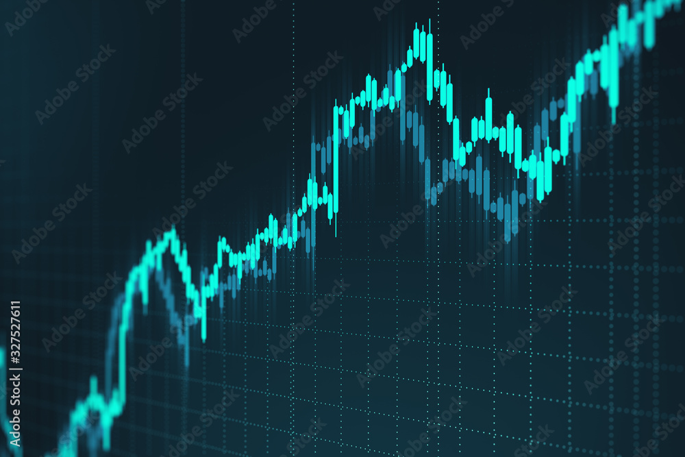 Glowing stock charts on virtual screen.