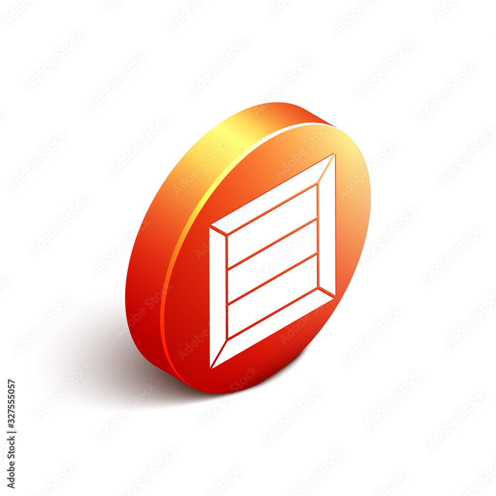 Isometric Wooden box icon isolated on white background. Orange circle button. Vector Illustration