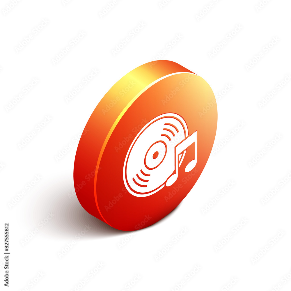 Isometric Vinyl disk icon isolated on white background. Orange circle button. Vector Illustration