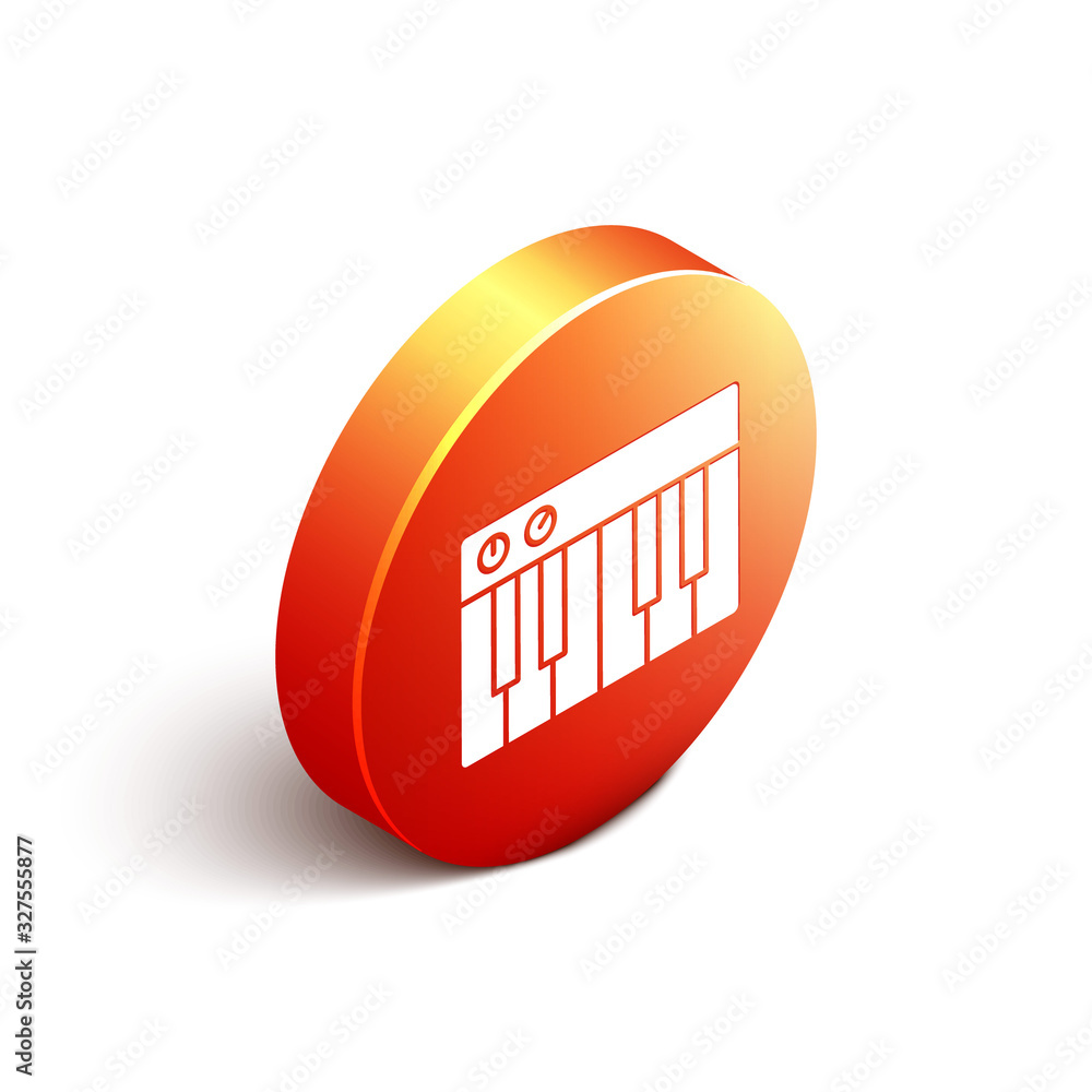 Isometric Music synthesizer icon isolated on white background. Electronic piano. Orange circle butto