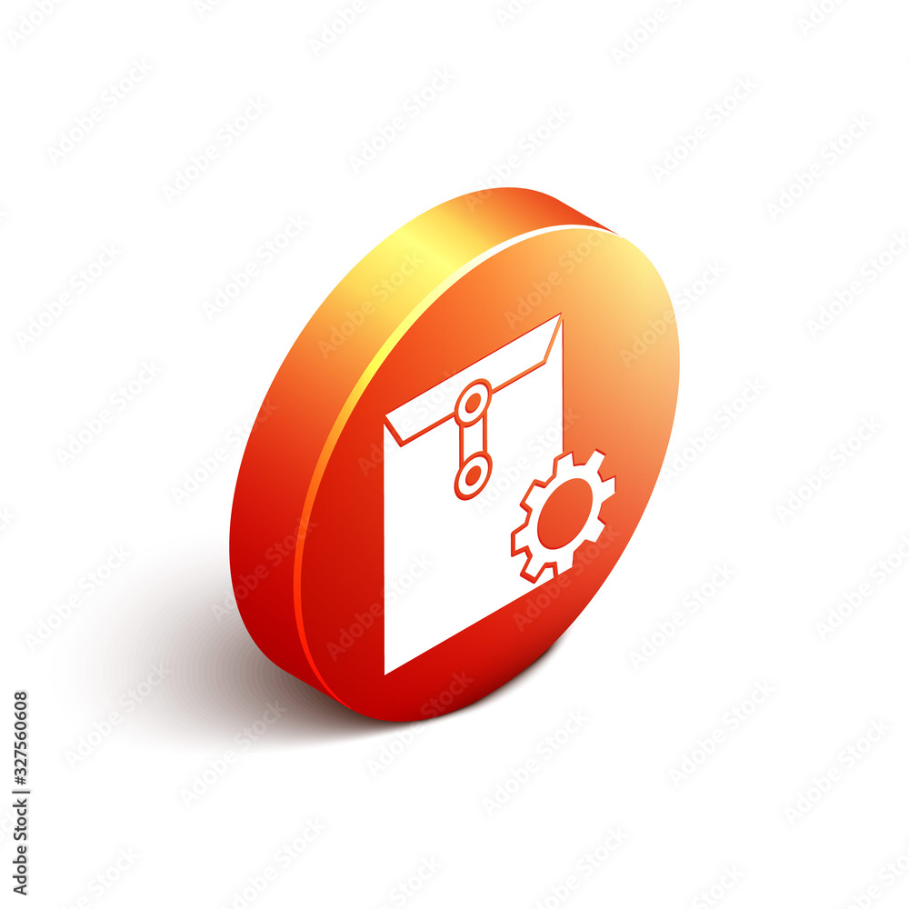 Isometric Envelope setting icon isolated on white background. Orange circle button. Vector Illustrat