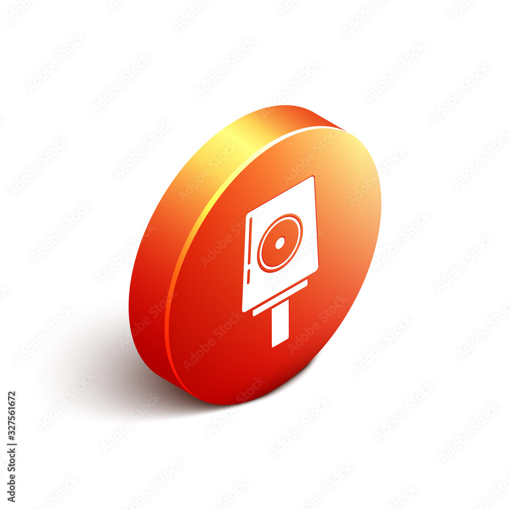 Isometric Spray can nozzle cap icon isolated on white background. Orange circle button. Vector Illus