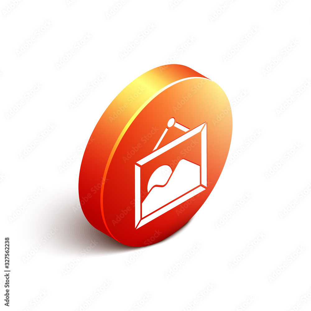 Isometric Picture landscape icon isolated on white background. Orange circle button. Vector Illustra