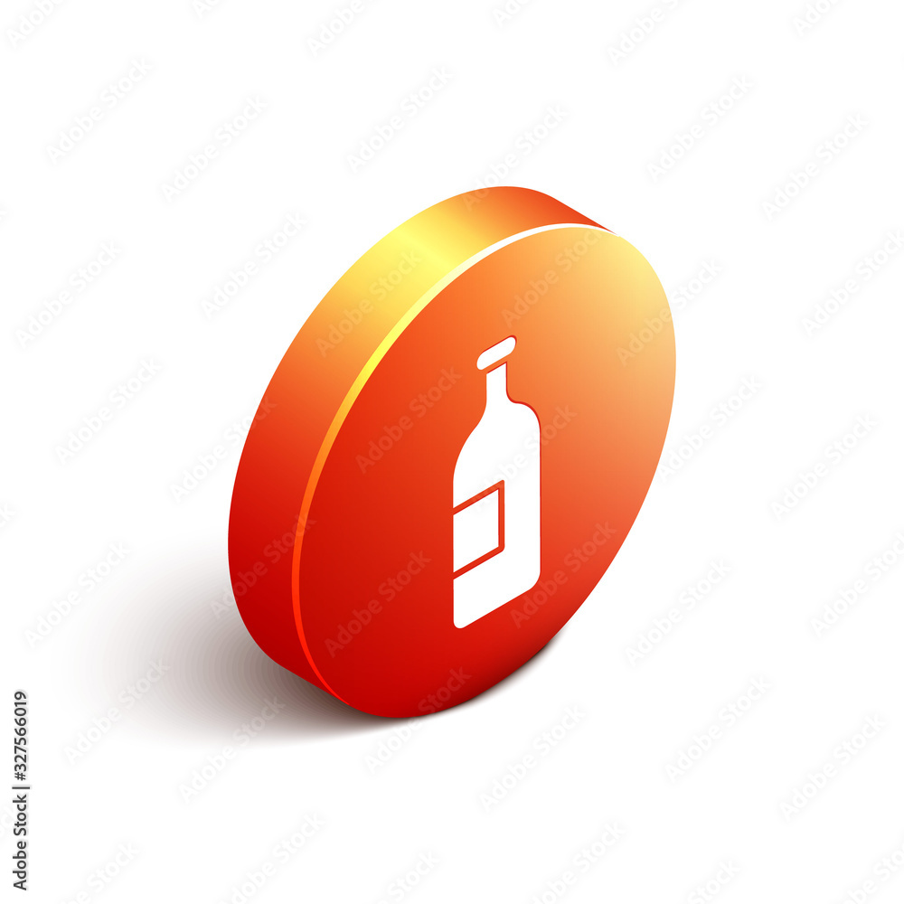 Isometric Alcohol drink bottle icon isolated on white background. Orange circle button. Vector Illus