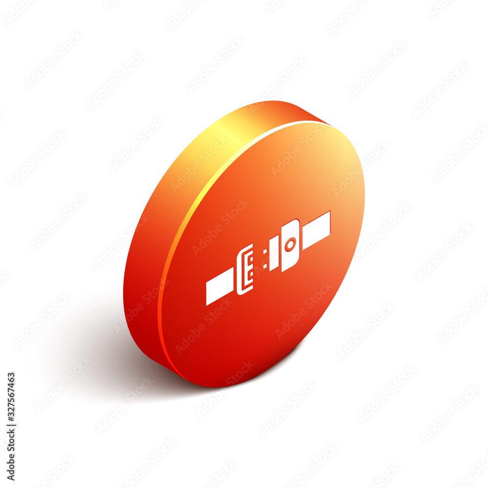 Isometric Safety belt icon isolated on white background. Seat belt. Orange circle button. Vector Ill