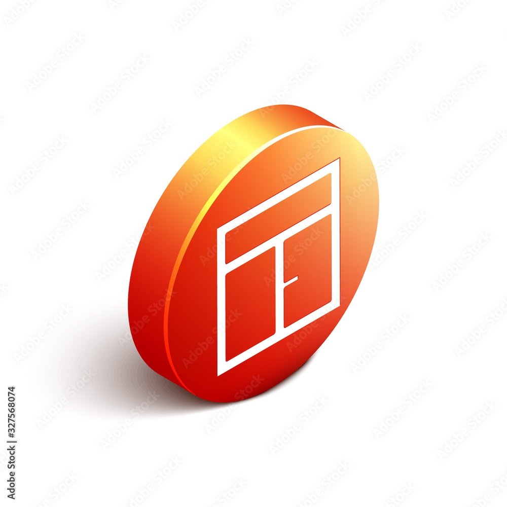 Isometric Window in the room icon isolated on white background. Orange circle button. Vector Illustr