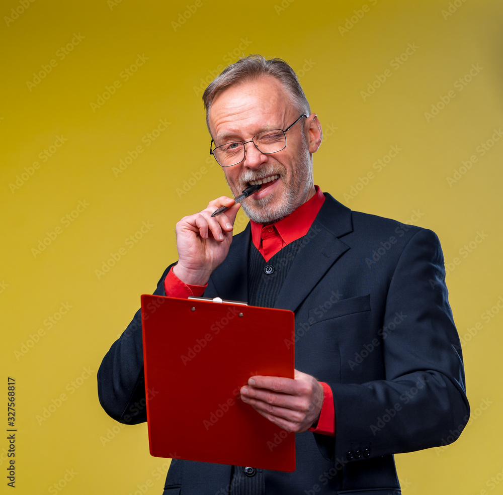 Happy businessman on yellow background. Office worker. Businessman lifestyle.