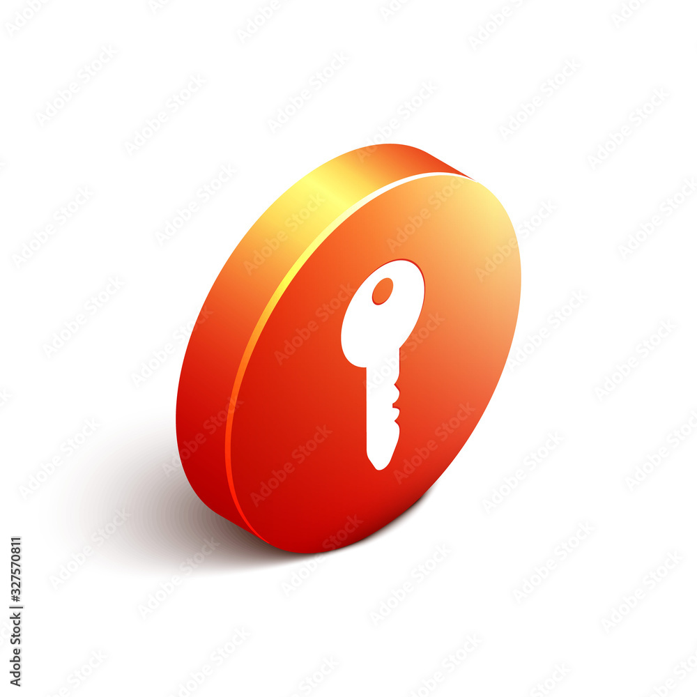 Isometric Key icon isolated on white background. Orange circle button. Vector Illustration