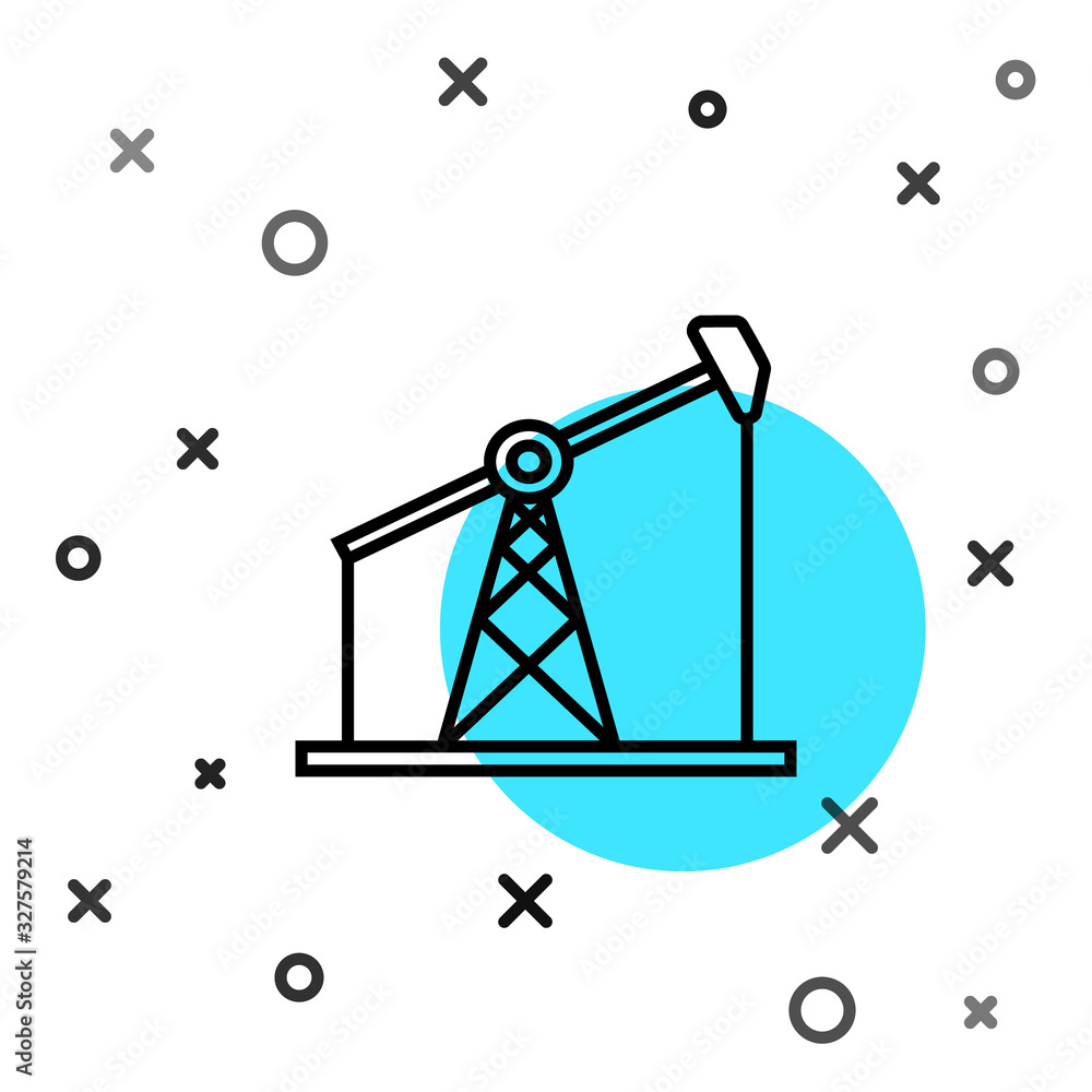 Black line Oil pump or pump jack icon isolated on white background. Oil rig. Random dynamic shapes. 