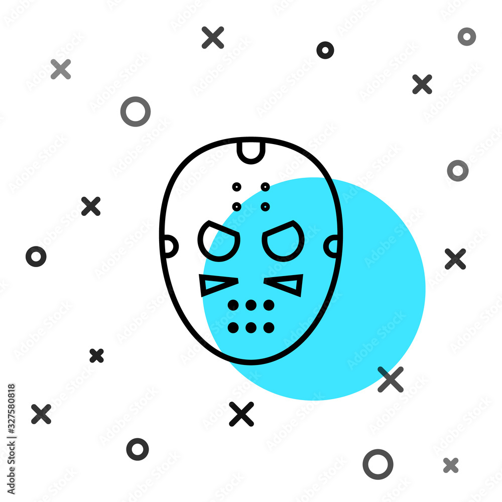 Black line Hockey mask icon isolated on white background. Random dynamic shapes. Vector Illustration